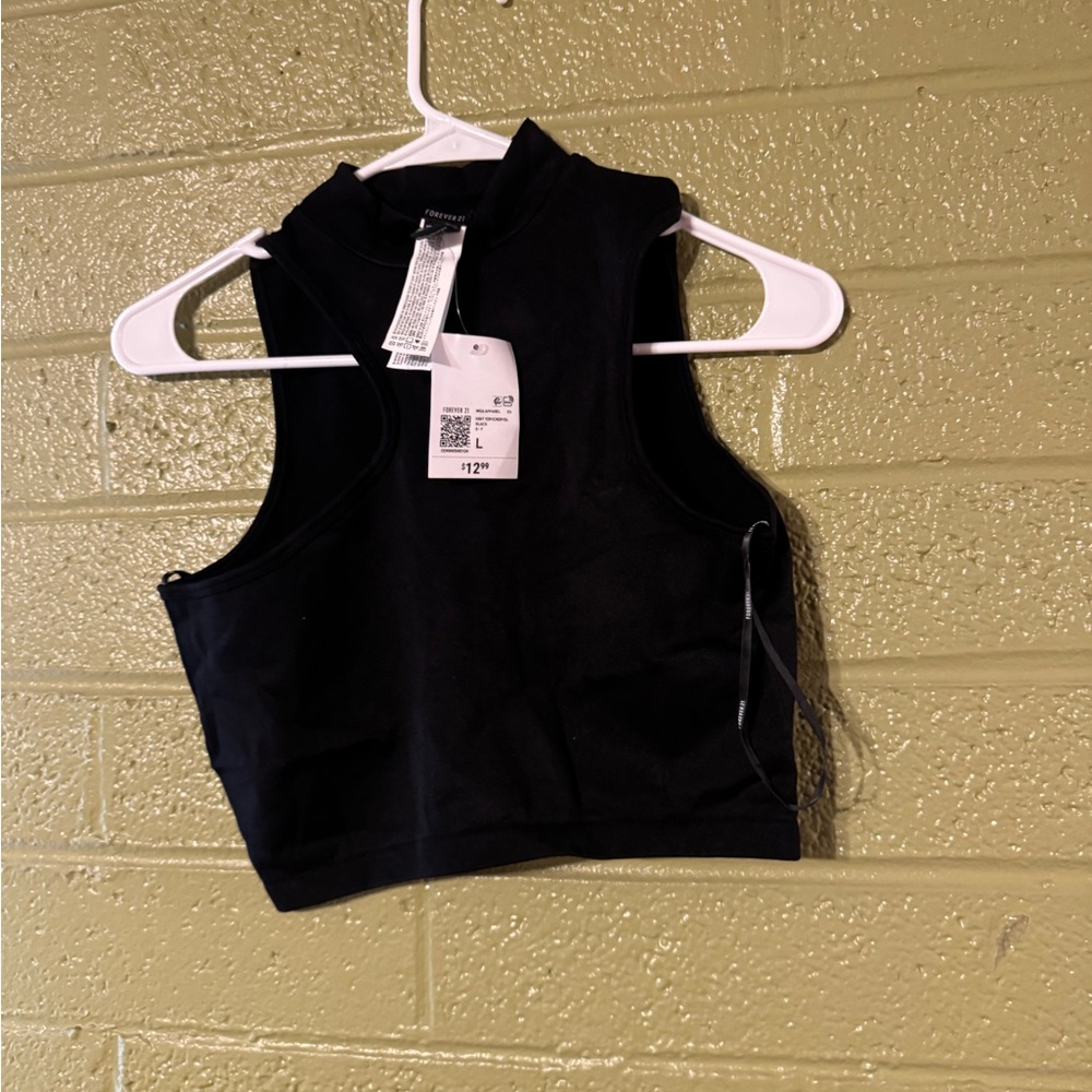 Forever 21 Black Fitted Crop Tank with Mandarin Collar